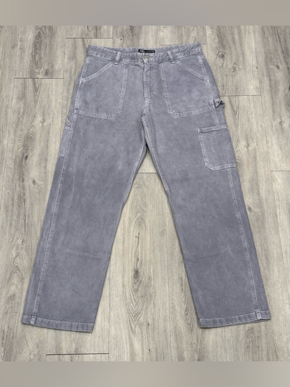 Zara Men’s Causal Relaxed Fit Faded Grey/Light Blue Denim Streetwear Cargo Jeans